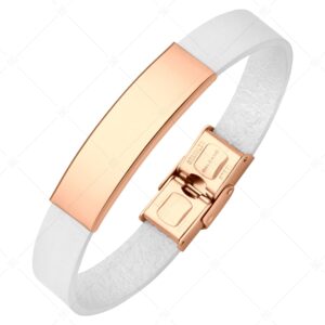 Fehér bőr karkötő rosegold lappal, gravírozással