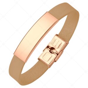 Világosbarna bőr karkötő rosegold lappal, gravírozással