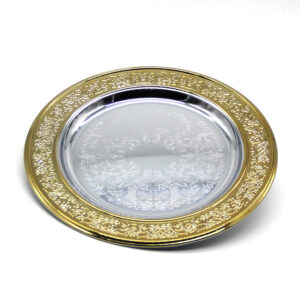 Aranyszín szélű kerek fém tálca ajándék gravírozással