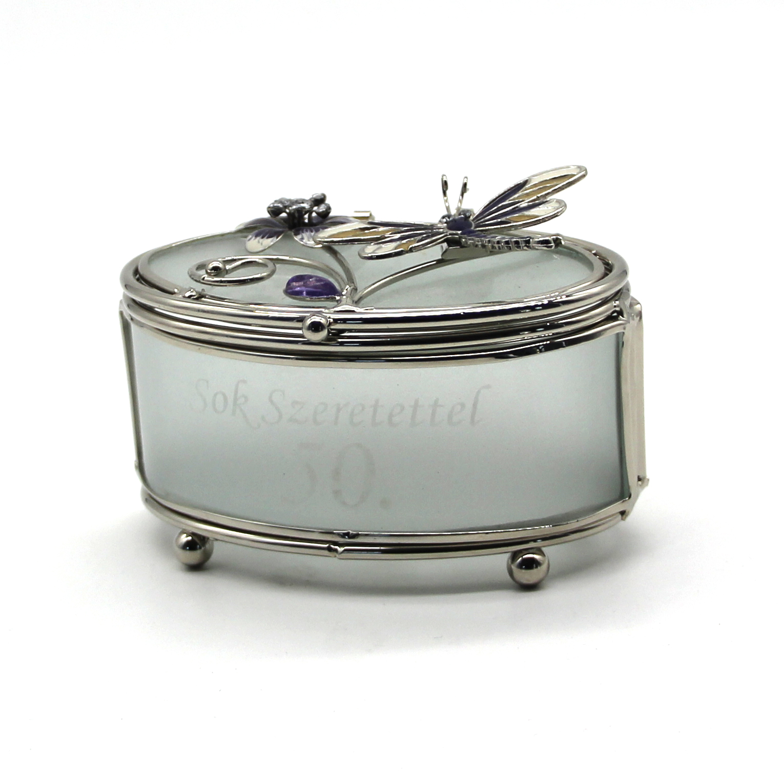 Szitakötős üveg ékszertartó 50. születésnapra